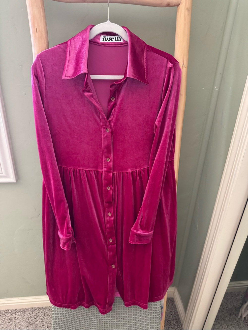 One Eleven North Magenta Velvet Button Front Babydoll Shirt Dress